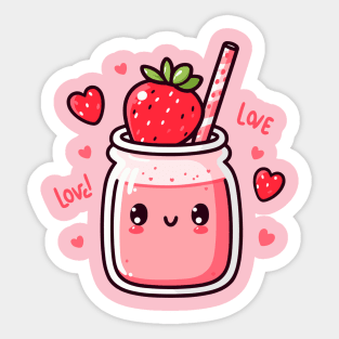 Strawberry Milkshake Drink with Strawberries and Hearts in Kawaii Style | Cutesy Kawaii Sticker